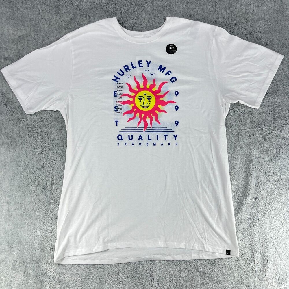 Hurley T-Shirt Mens XL White Mfg Trademark Sun Graphic Cotton Crew Neck Pullover